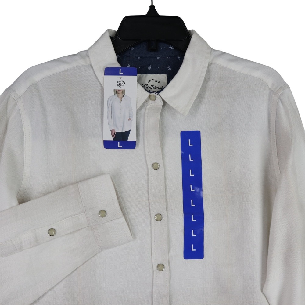 JACHS Girlfriend New York Boyfriend Shirt Womens L Pearl Snap Front NWT Slub